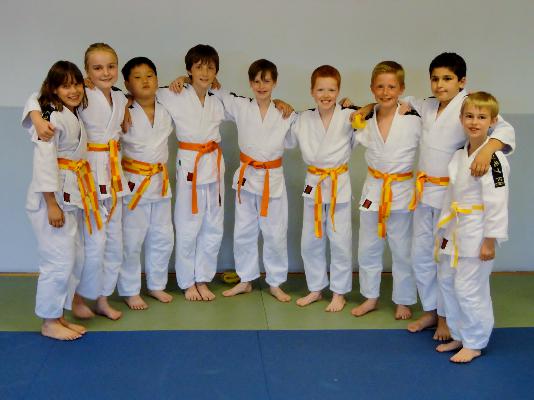 Slaagden prima voor hun examens JUNI 2016 wit/geel + gele + oranje gordel.<br>
vlnr: Nora, Elise, Tyo, Adam, Gregor, Vincent, Alexander, Kian en Tijme